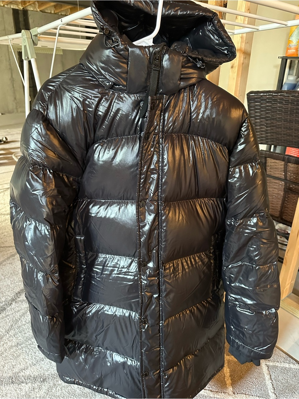 Aritzia Mid Length Hi Gloss Black Superpuff Coat